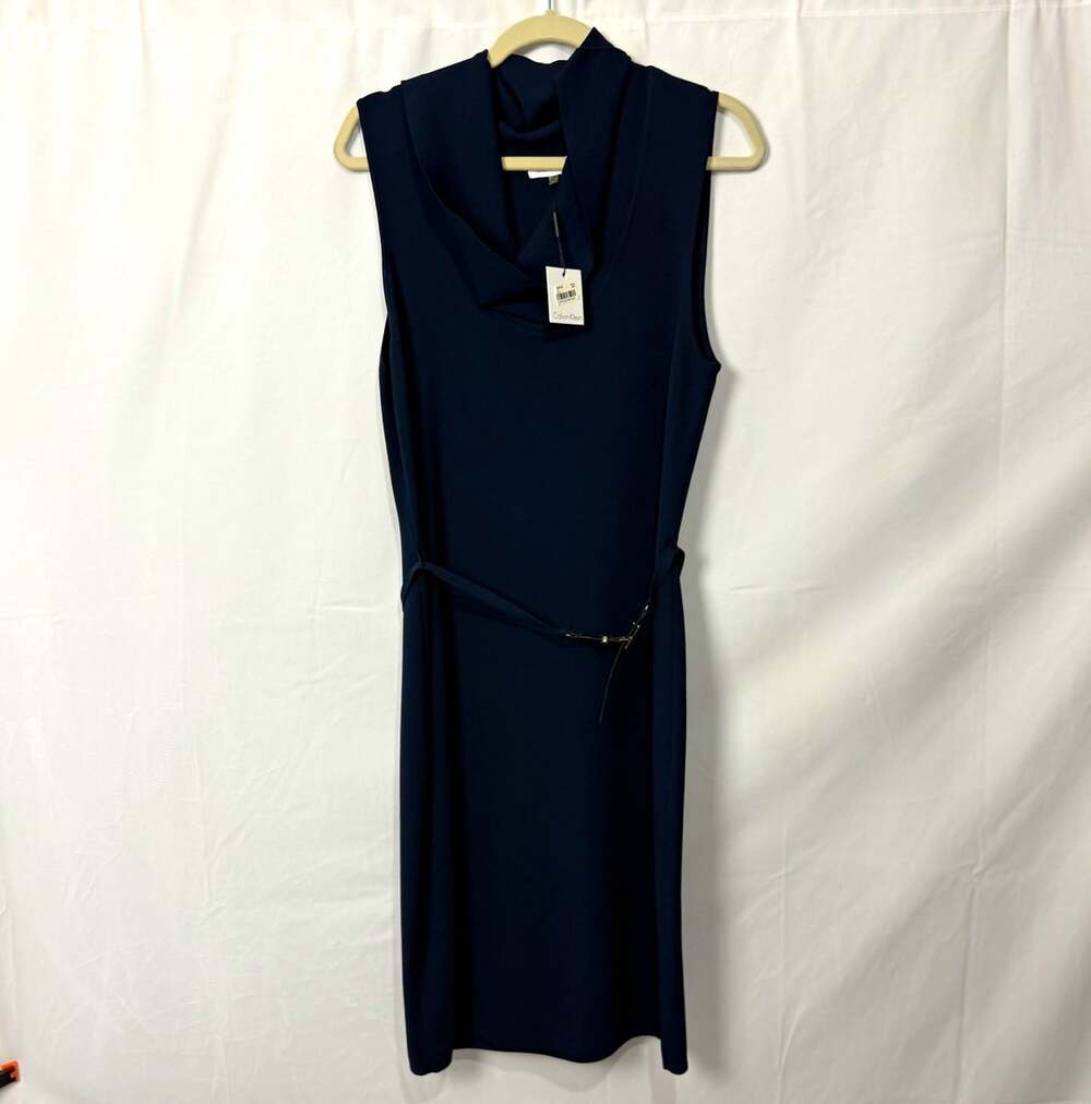 Calvin Klein Women's Navy Knit Sleeveless Sheath Dress Belted Size 4